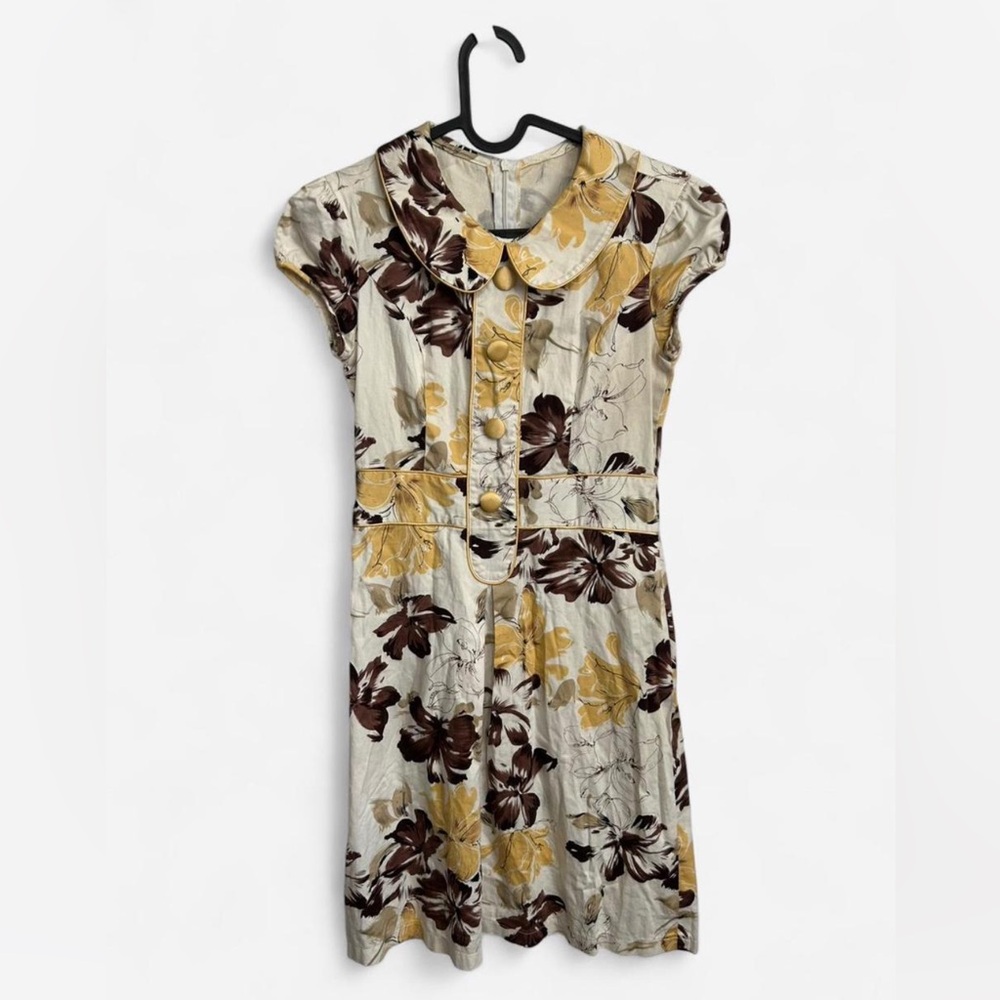 Vintage Floral Ivory Brown Mustard Button-Front Mini Dress